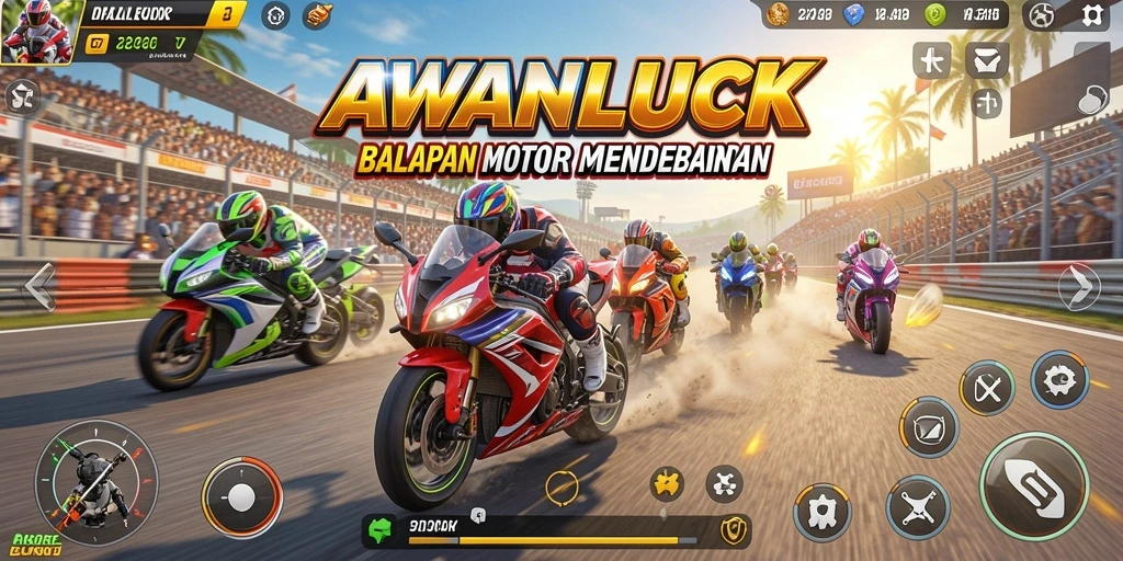 Gameplay balapan motor yang penuh adrenalin di AWANLUCK.