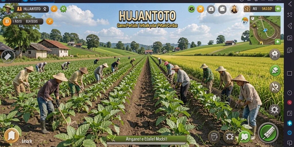 Tampilan gameplay HUJANTOTO dengan ladang yang subur dan tanaman beragam.