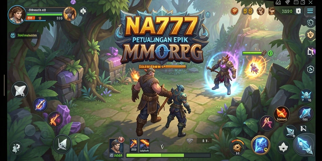 Tangkapan layar utama NA777 menampilkan pertempuran epik dalam dunia MMORPG.