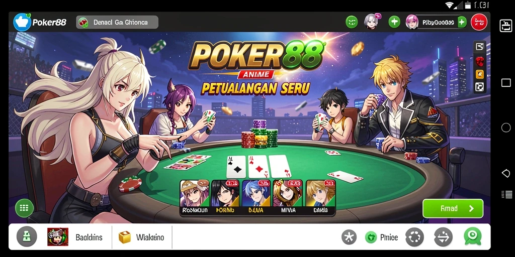 Screenshot POKER88 menunjukkan karakter Anime dalam aksi permainan kartu yang seru.