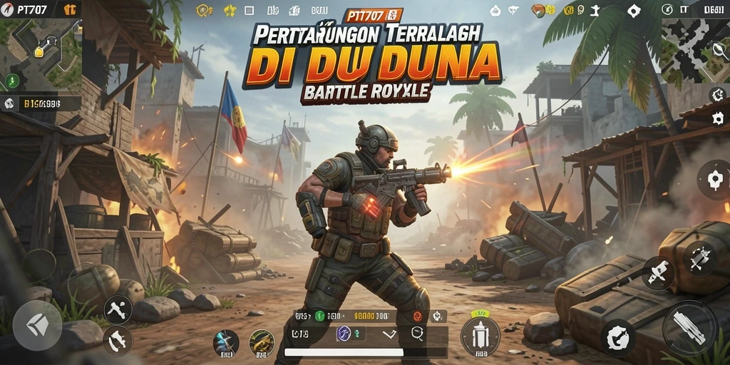 Screenshot utama PT707 menampilkan aksi intens pemain dalam pertempuran Battle Royale.