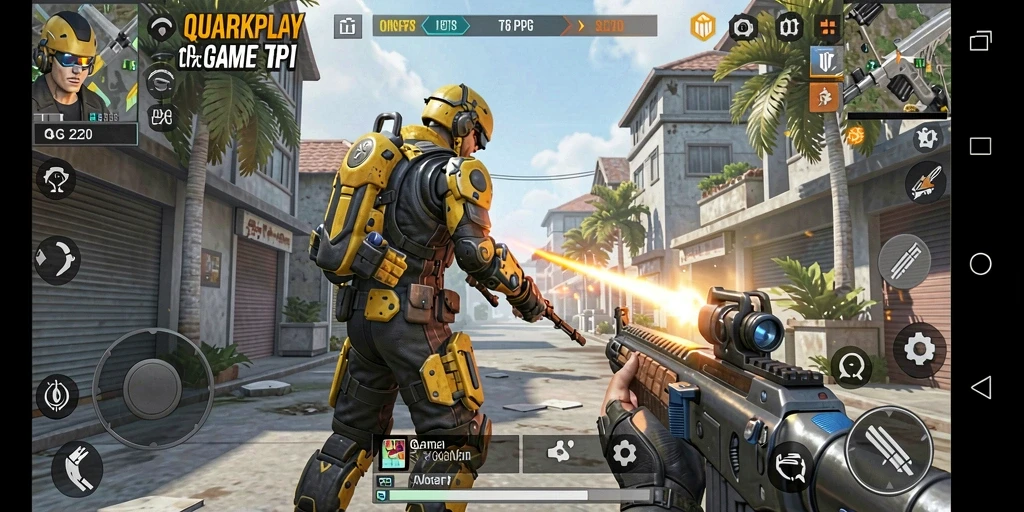 Screenshot utama QUARKPLAY menampilkan aksi tembak-menembak yang seru.