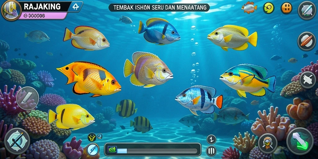 Tampilan gameplay seru dari RAJAKING dengan banyak ikan yang menunggu untuk ditangkap.