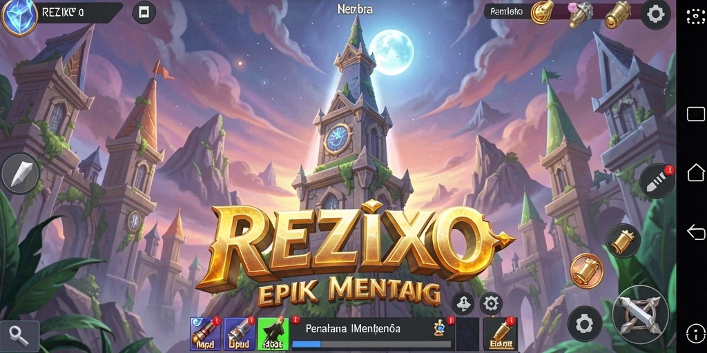 Tangkapan layar gameplay REZIXO menampilkan pertempuran menara yang epik.