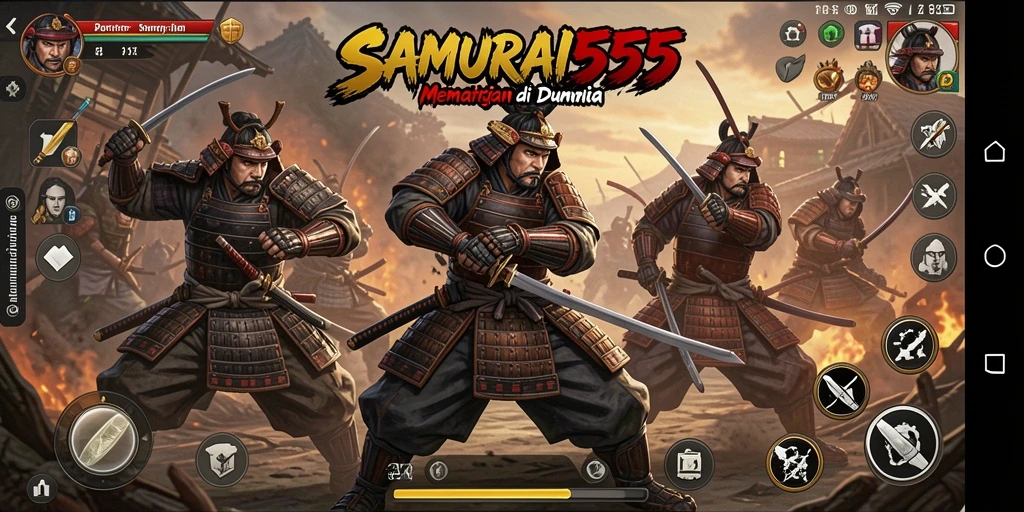 Screenshot gameplay SAMURAI555 menampilkan pertarungan samurai epik.