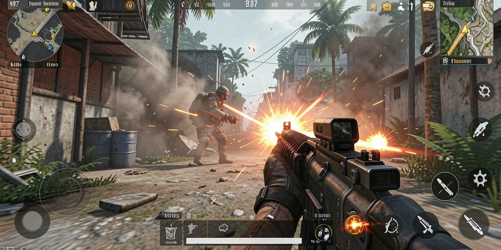 Tampilan gameplay menegangkan dengan aksi tembak-menembak intens.