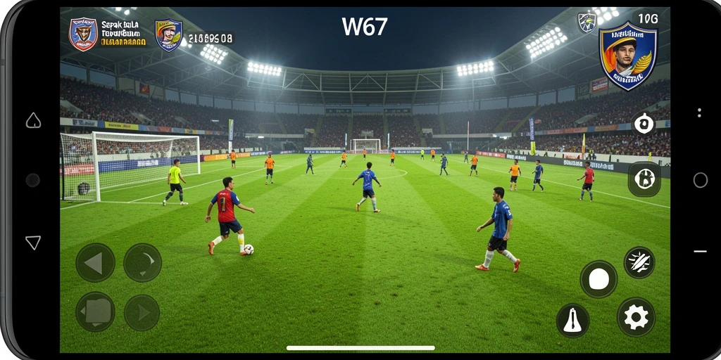 Screenshot utama W67 menampilkan momen mendebarkan saat pertandingan sepak bola.